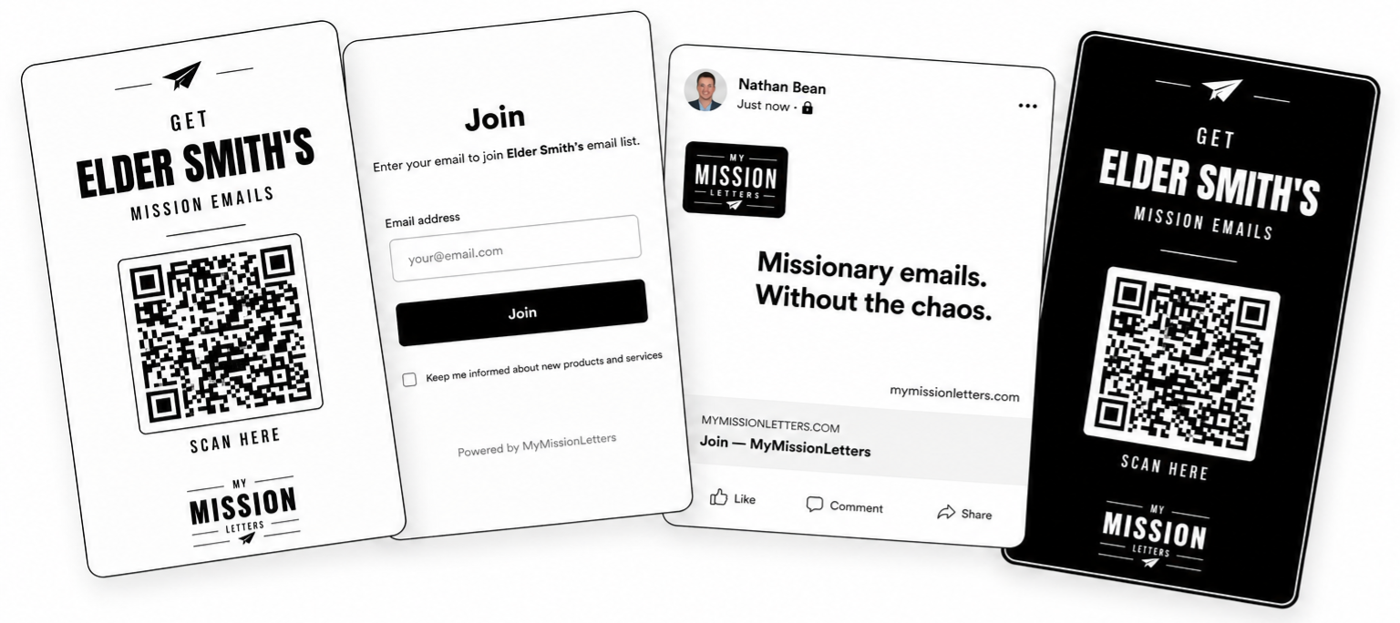 Four ways friends and family can join your missionary's email list: a printable flyer with a QR code, a simple join page on a phone, a Facebook post with a join link, and a mobile QR card.