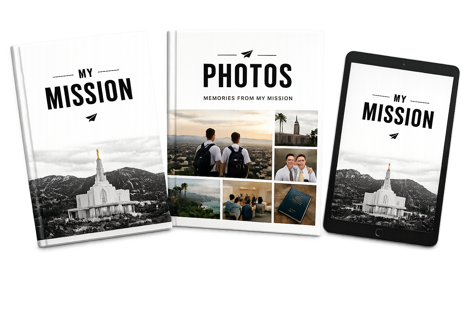 Three keepsakes side by side — a Hardcover Memory Book with a temple cover, a Photo Book titled 'Photos: Memories From My Mission' with a collage of missionary moments, and the Digital Memory Book shown on a tablet.
