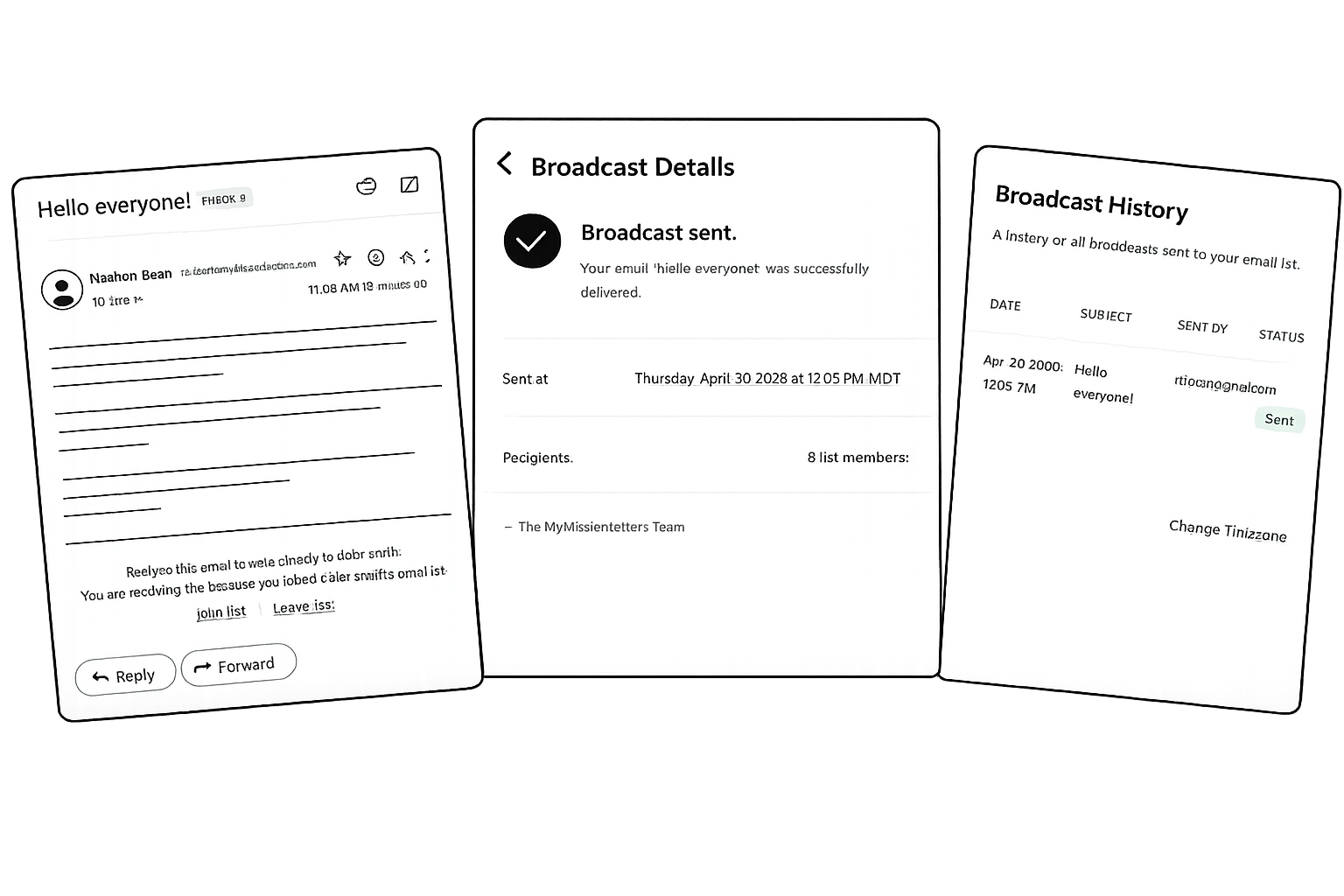 Three views of MyMissionLetters: a broadcast email arriving in a recipient's inbox with reply and forward buttons, a Broadcast Details screen confirming the update was delivered to every list member, and a Broadcast History list of past broadcasts.